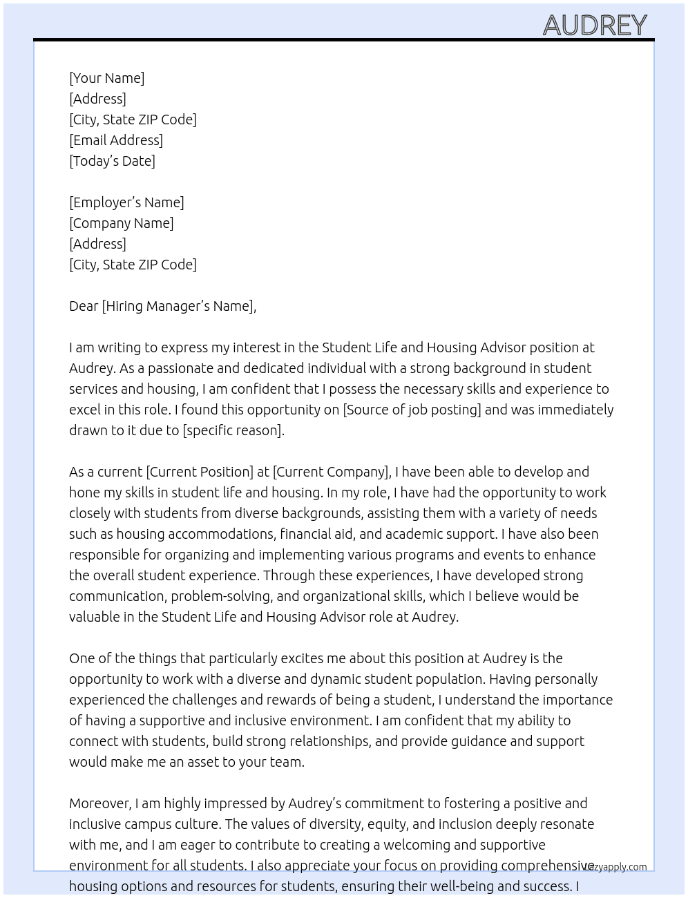 Student Life and Housing Advisor At Audrey Cover Letter