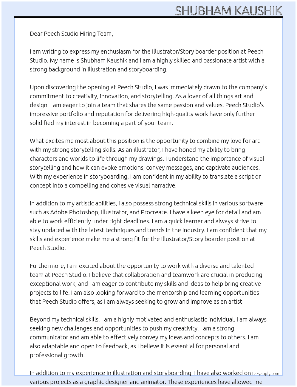 Illustrator / Story boarder At Peech Studio Cover Letter