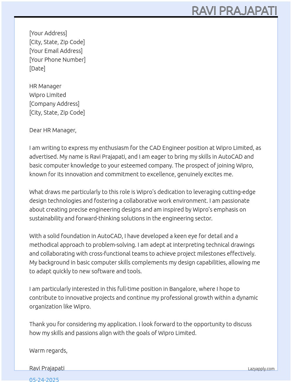 CAD Engineer  At Wipro Limited Cover Letter