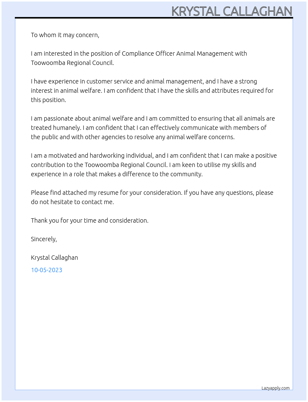 Compliance Officer Animal Management At Toowoomba Regional Council Cover Letter