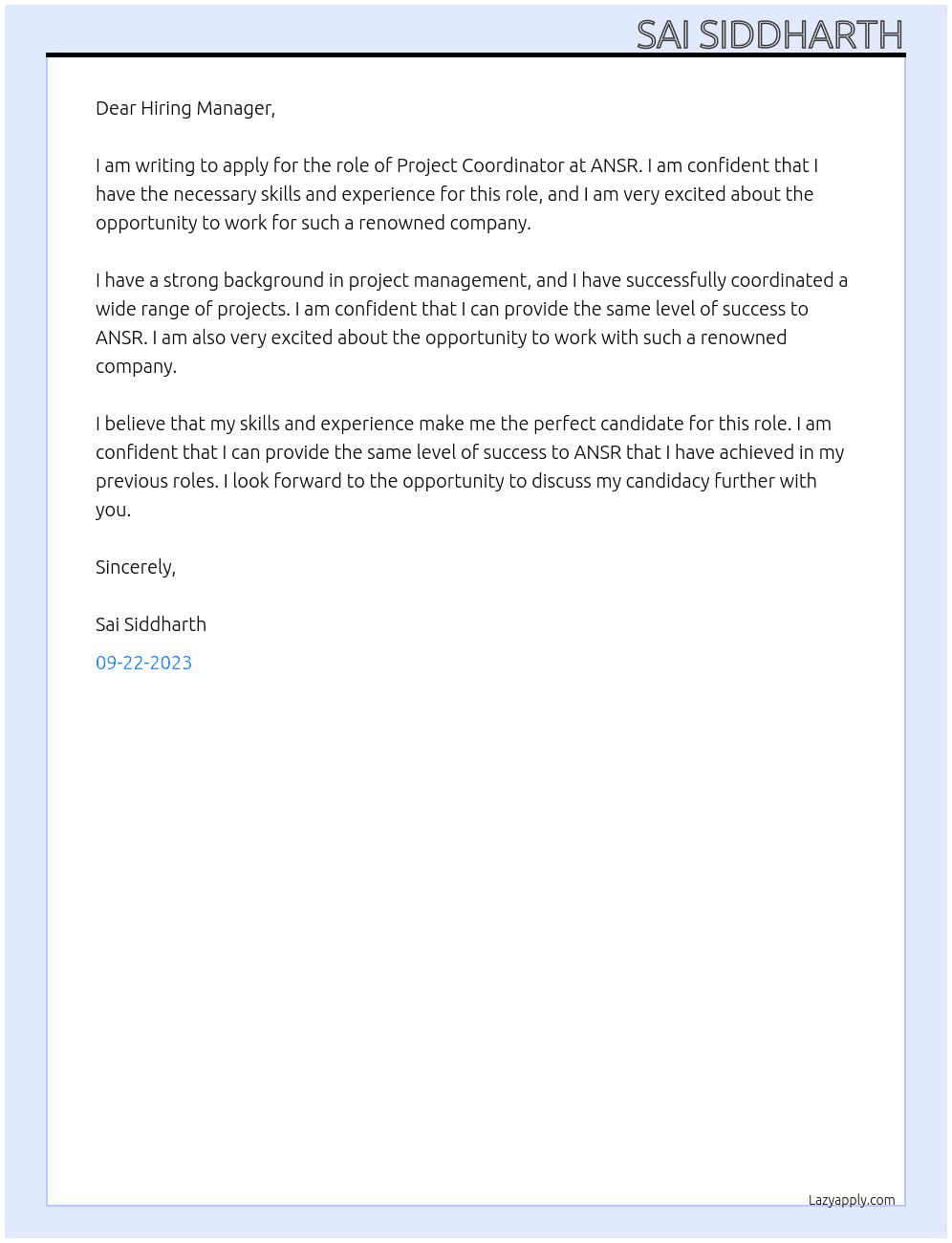 Project Coordinator At ANSR Cover Letter