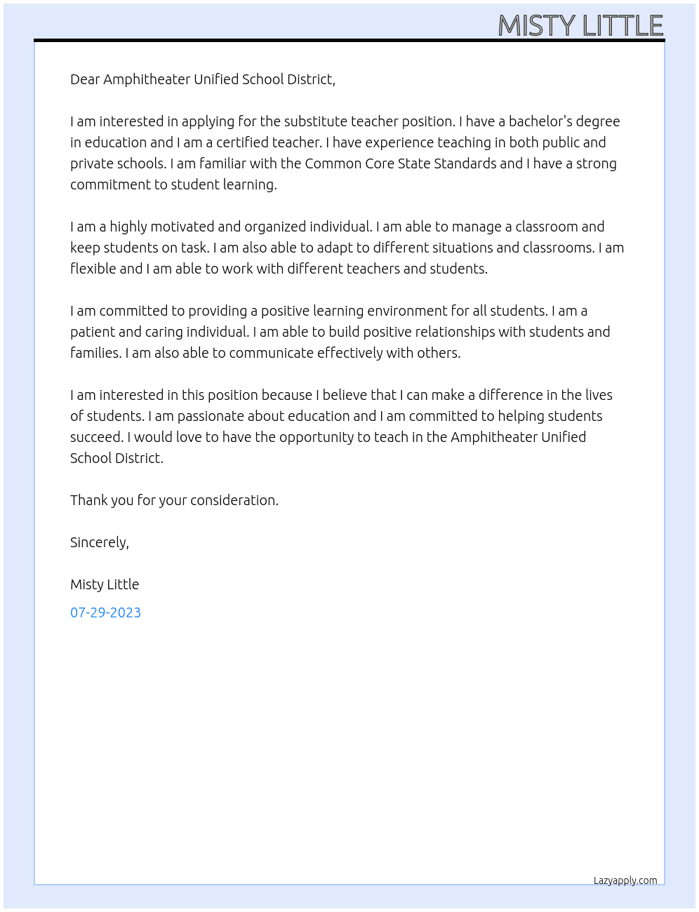 Substitute Teacher At Amphitheater Unified School District Cover Letter