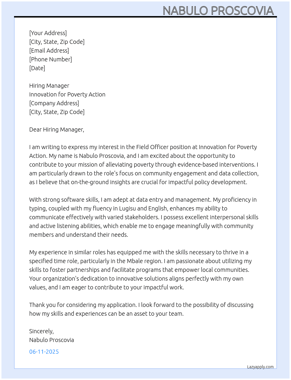Field officer At Innovation for poverty action  Cover Letter