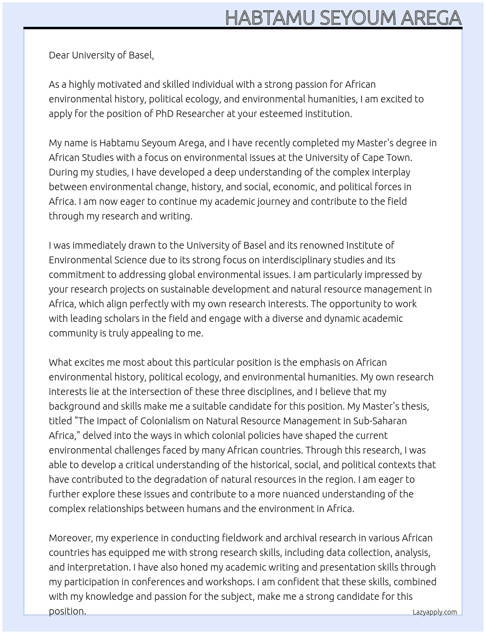 PhD Researcher in African Environmental History, Political Ecology or Environmental Humanities At University of Basel Cover Letter