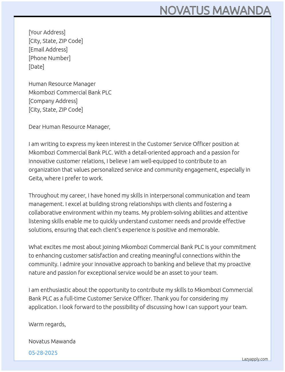 Customer service officer At MKOMBOZI COMMERCIAL BANK PLC Cover Letter