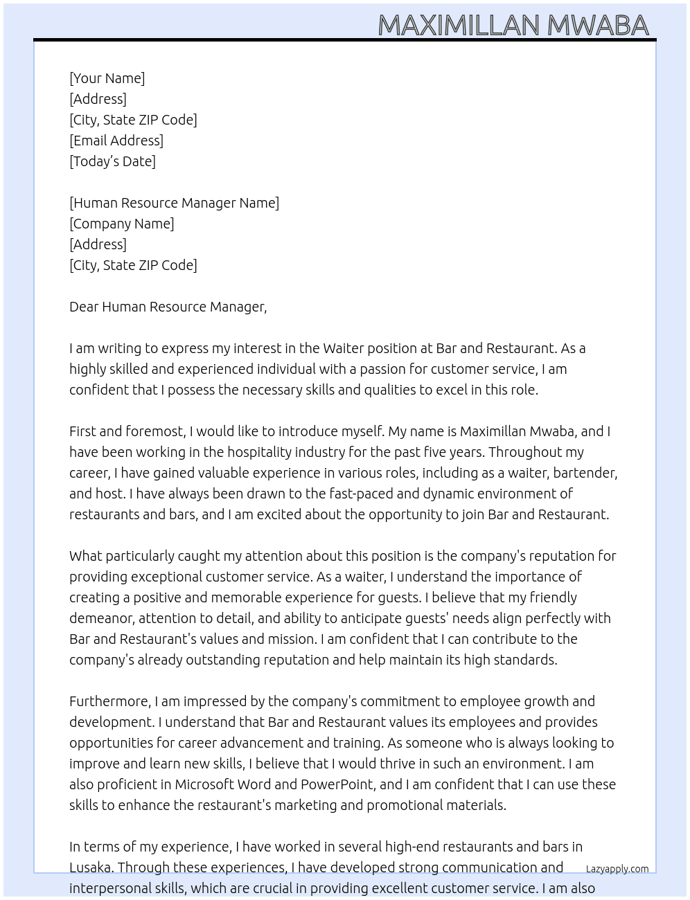 Waiter At Bar and Restaurant  Cover Letter
