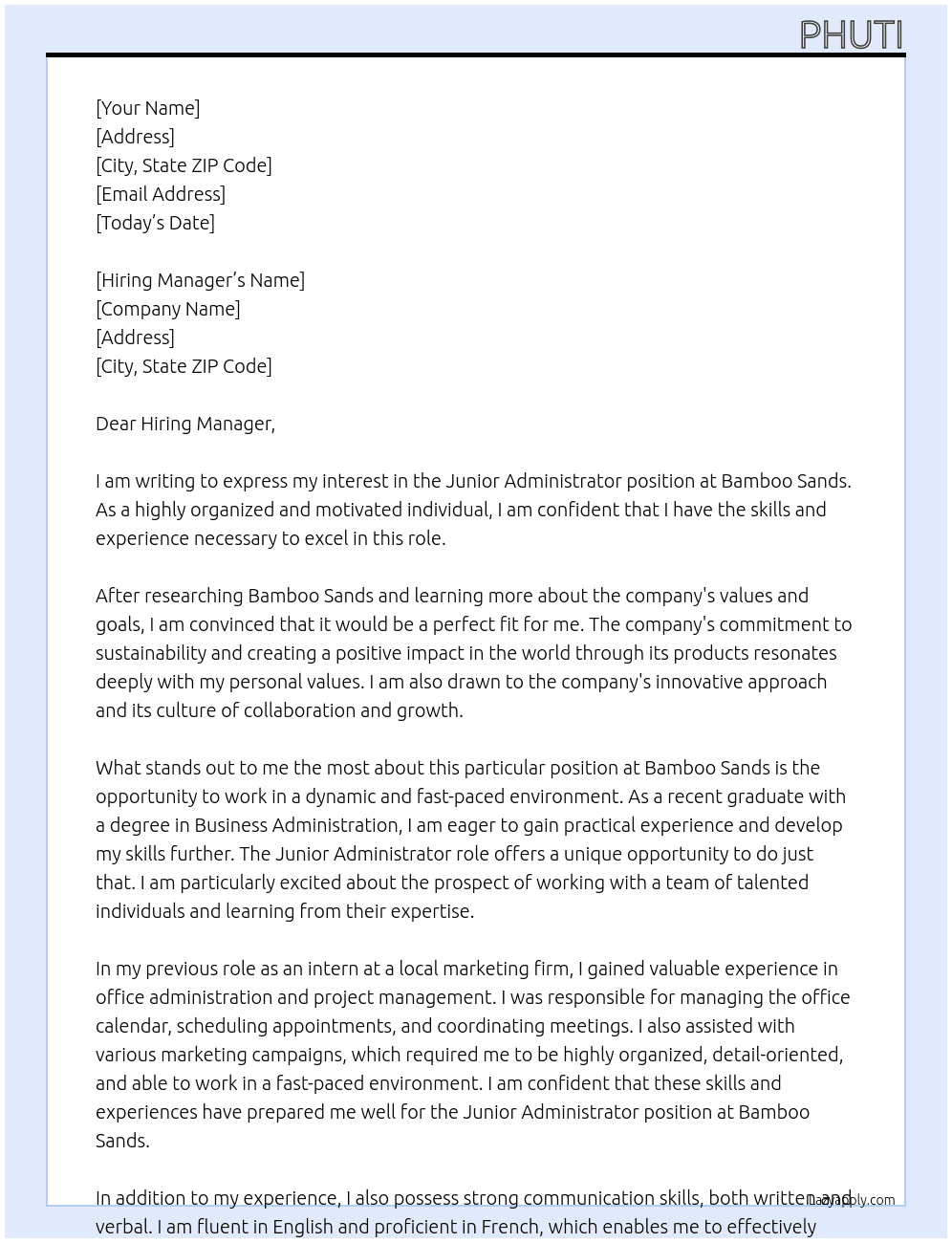 junior administrator At bamboo sands Cover Letter