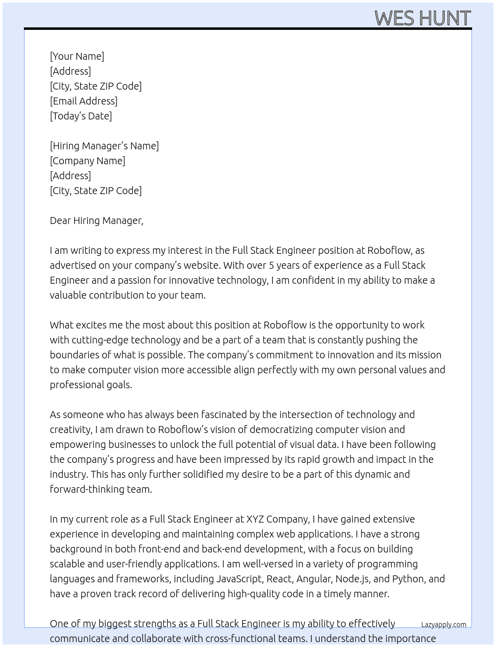 Full Stack Engineer At Roboflow Cover Letter