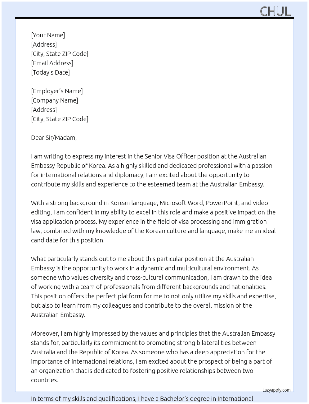 Senior Visa Officer At Australian Embassy Republic of Korea Cover Letter