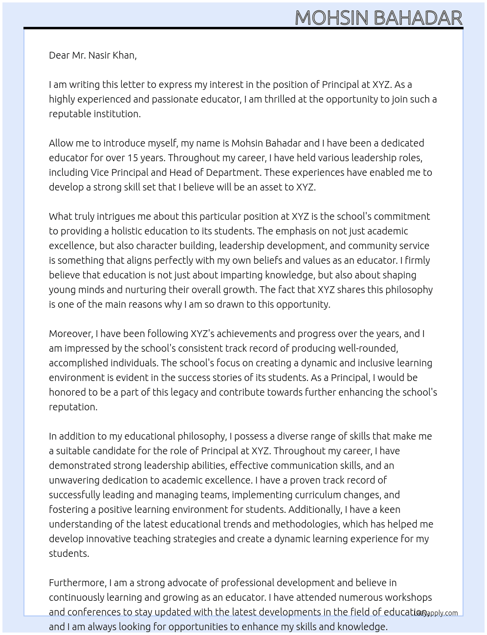 Principal At XYZ Cover Letter