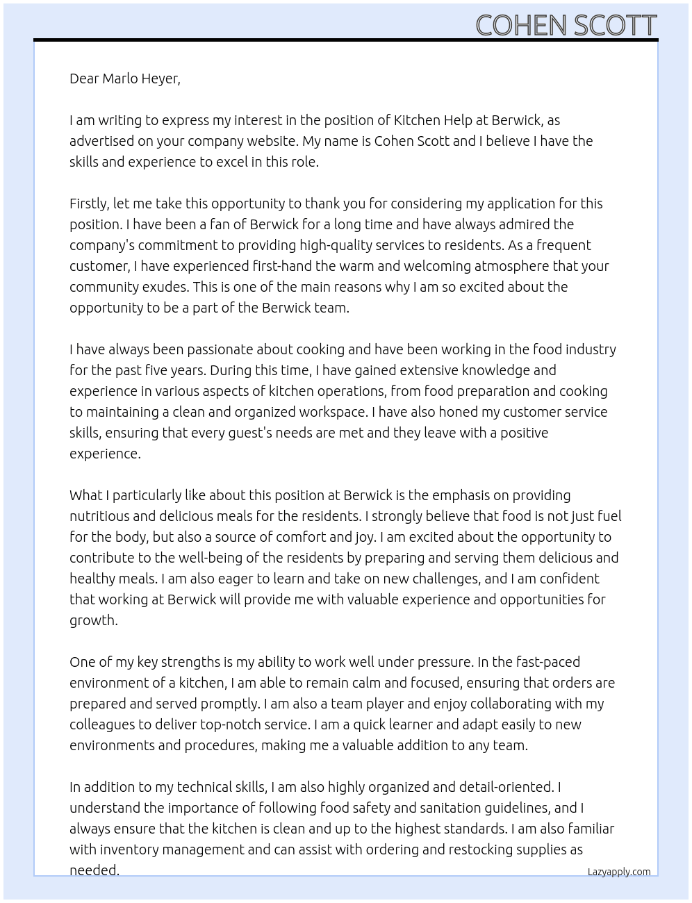 Kitchen Help At Berwick Cover Letter