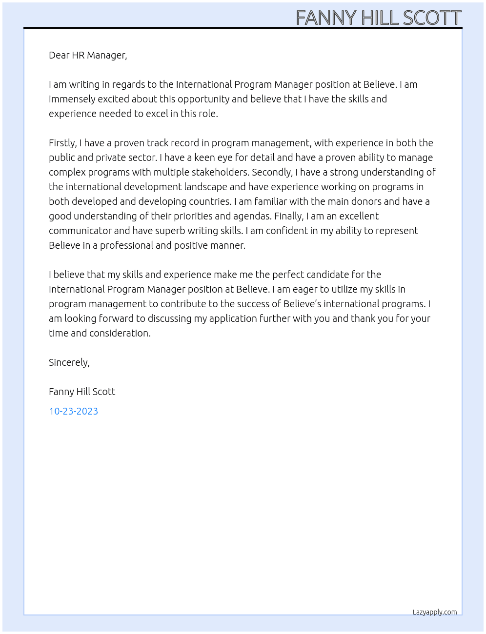 International Program Manager At Believe Cover Letter