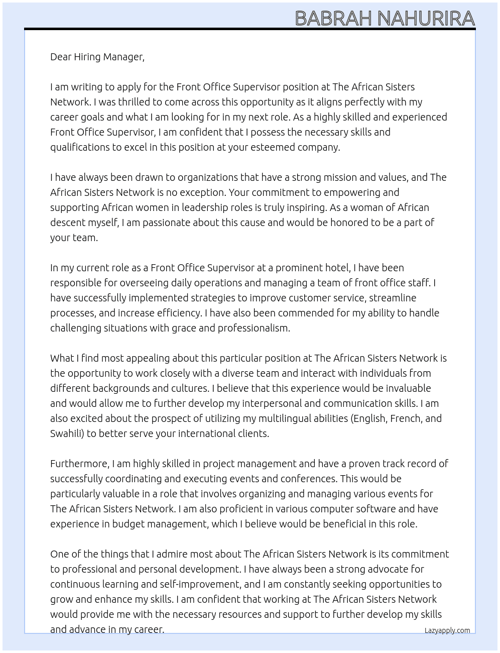 Front Office Supervisor At The African Sisters Network Cover Letter