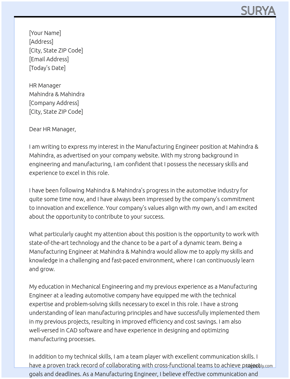 Manufacturing Engineer  At Mahindra & Mahindra  Cover Letter