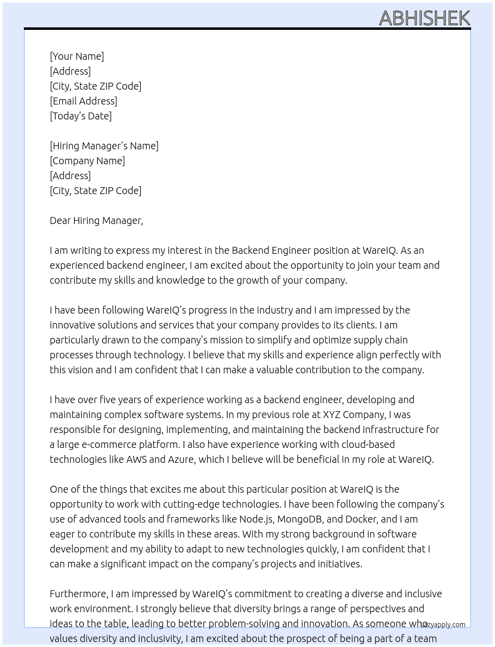 Backend Engineer At WareIQ Cover Letter