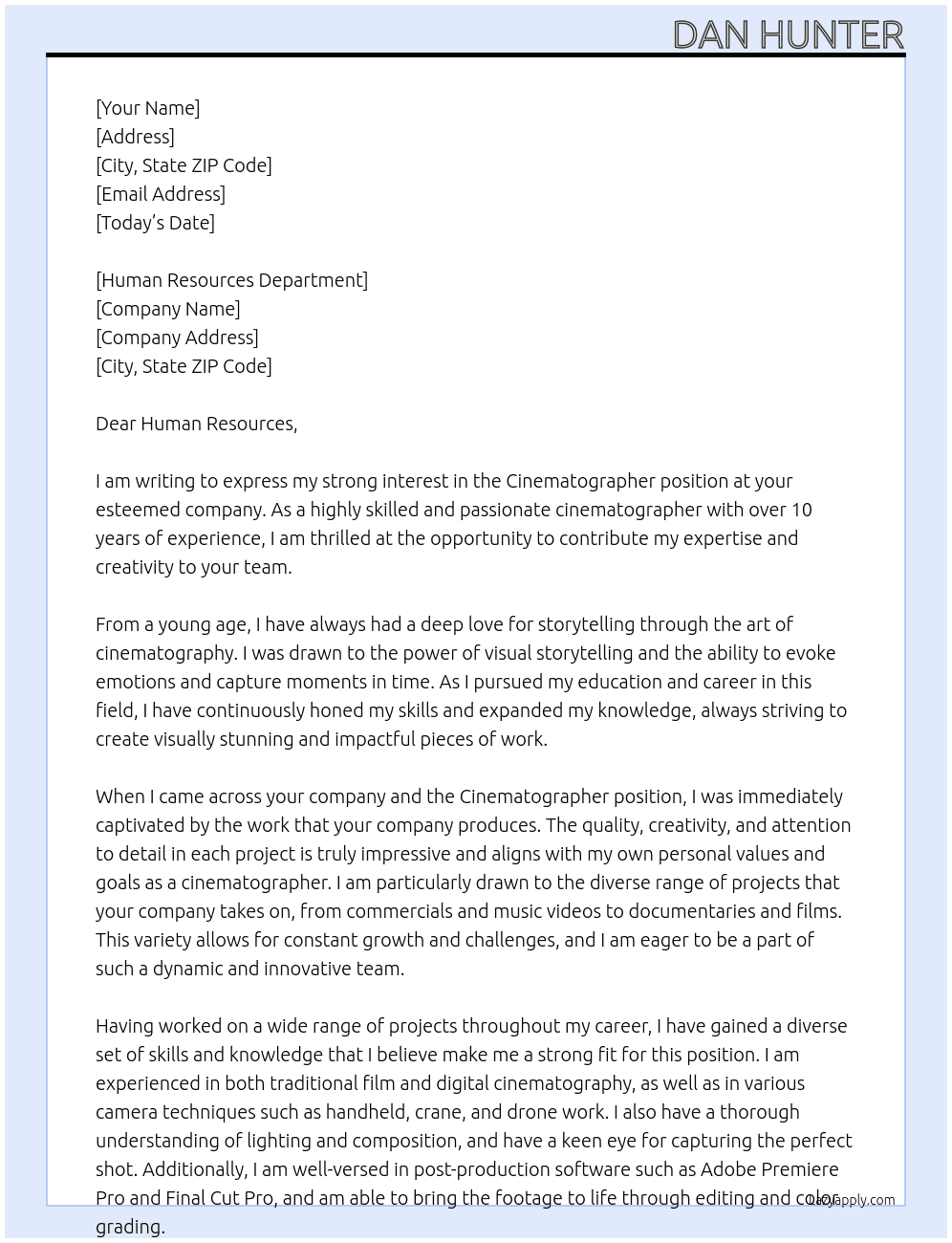 Cinematographer At N/A Cover Letter