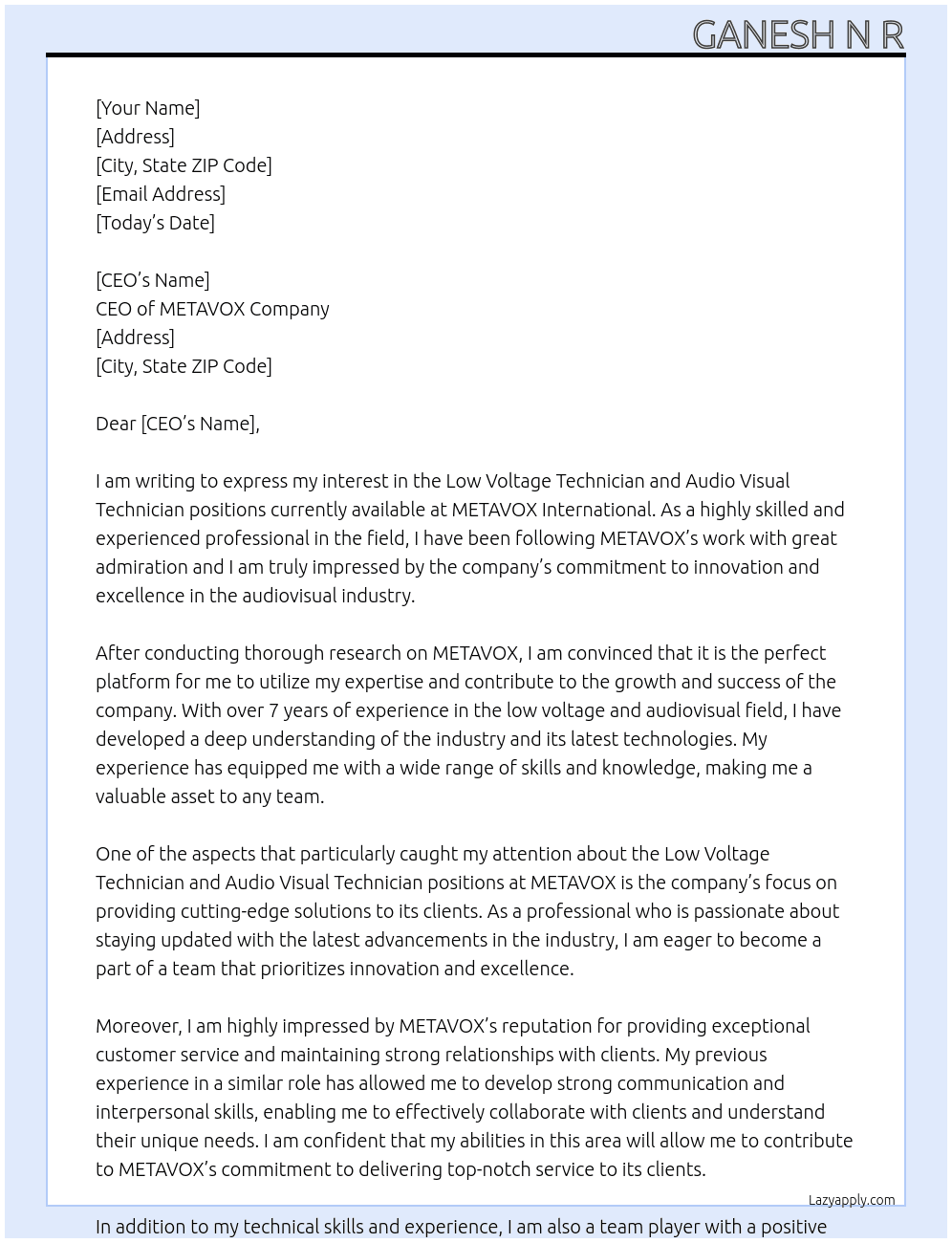 Low voltage technician and Audio visual technician At METAVOX INTERNATIONAL  Cover Letter