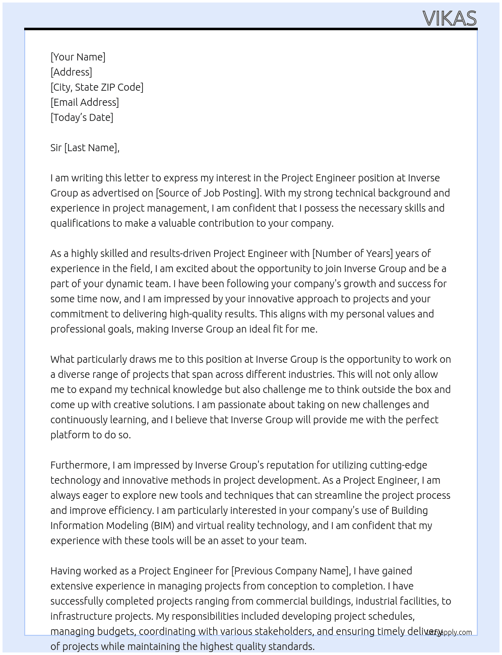 Project Engineer At Inverse Group Cover Letter