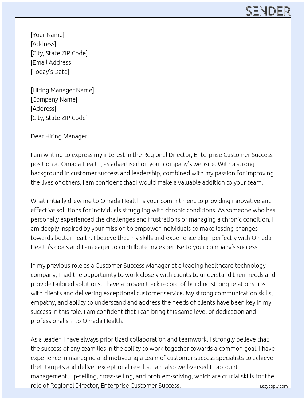 Regional Director, Enterprise Customer Success At Omada Health Cover Letter