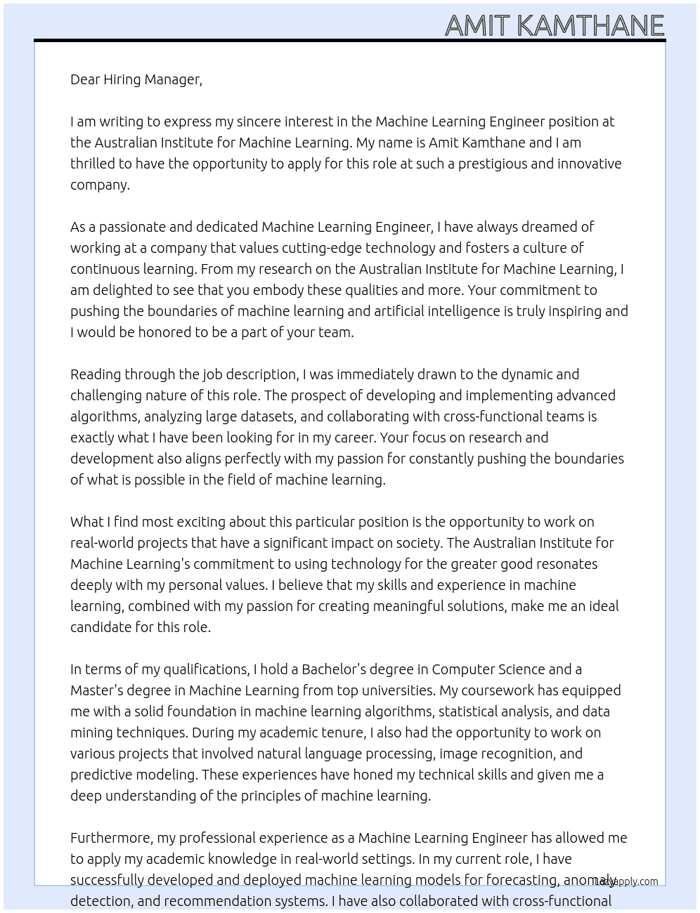 Machine Learning Engineer At  Australian Institute for Machine Learning Cover Letter
