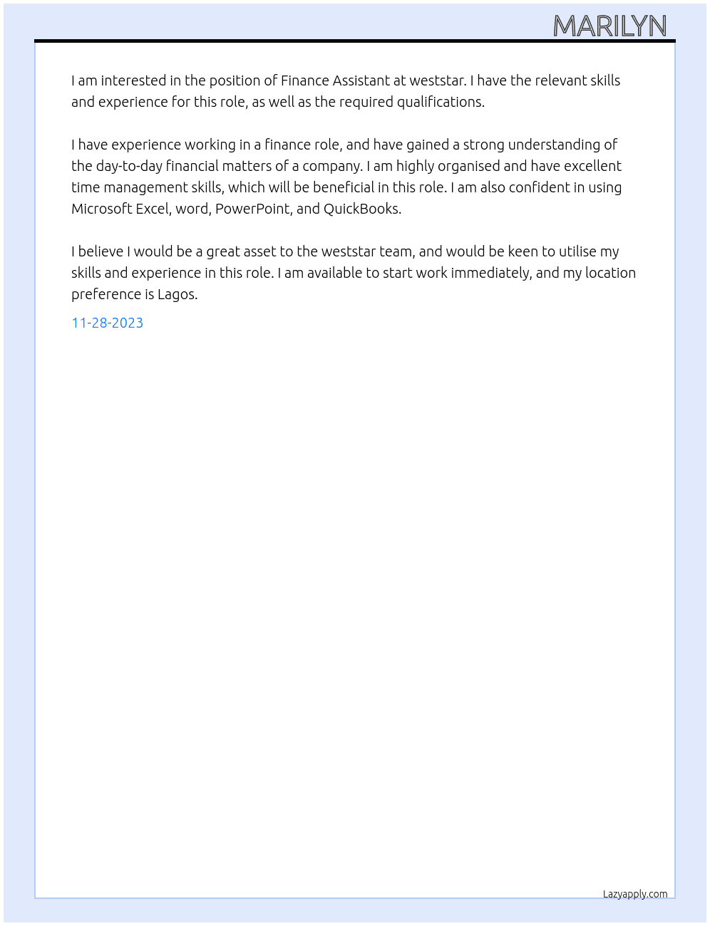 Finance Assistant At weststar Cover Letter