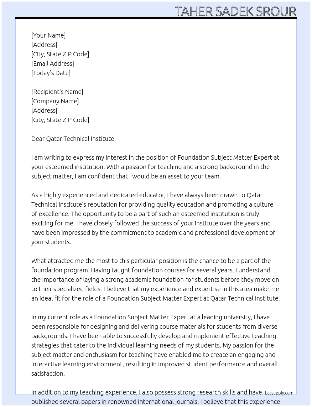 Foundation Subject Matter Expert At Qatar Technical Institute Cover Letter