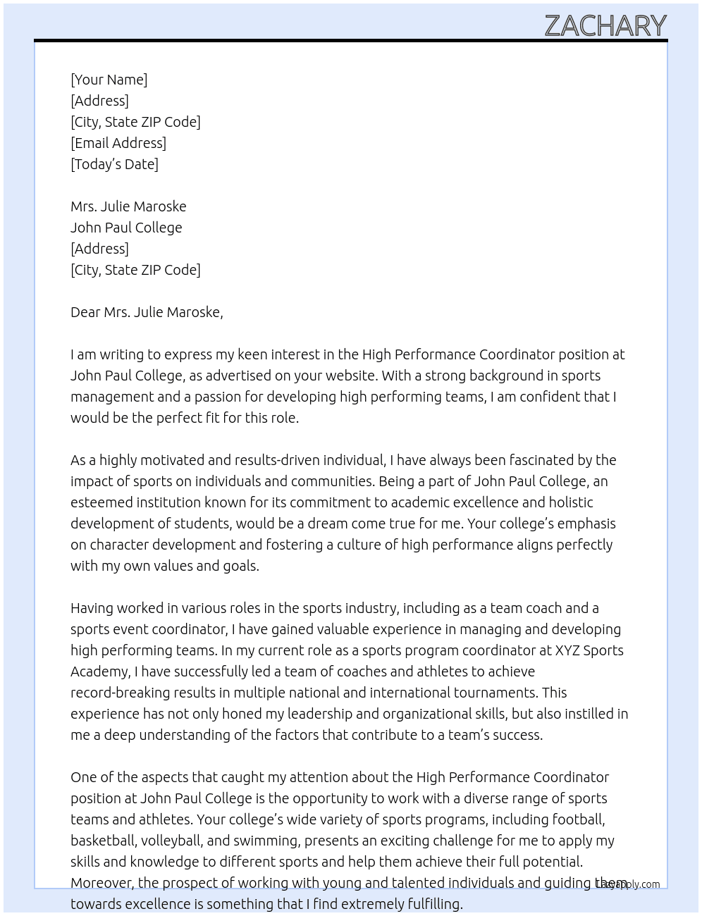 High Performance Coordinator At John Paul College  Cover Letter
