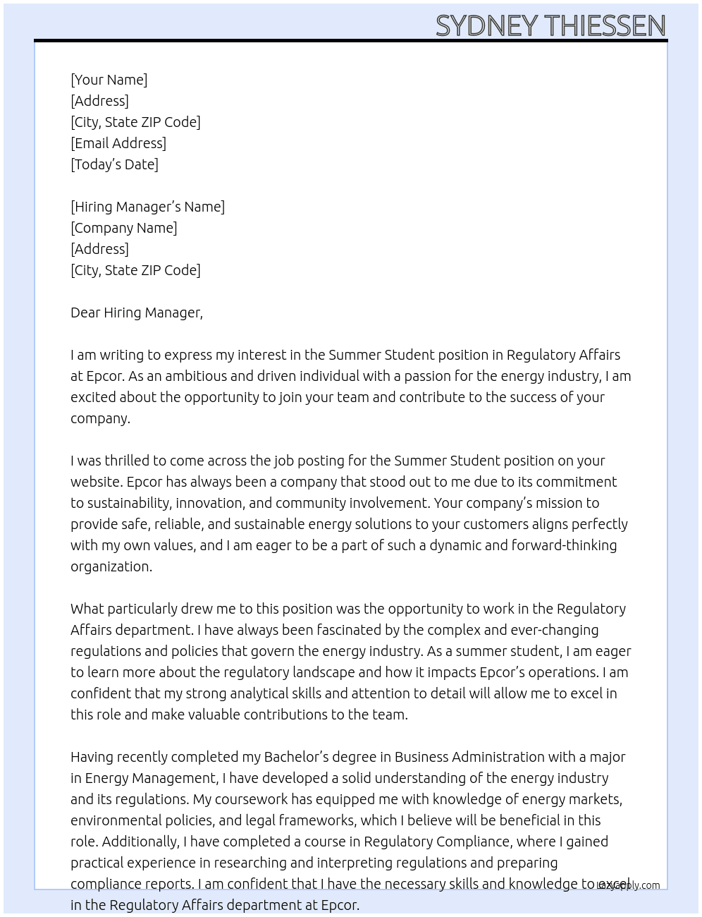 summer student, regulatory affaris At Epcor Cover Letter