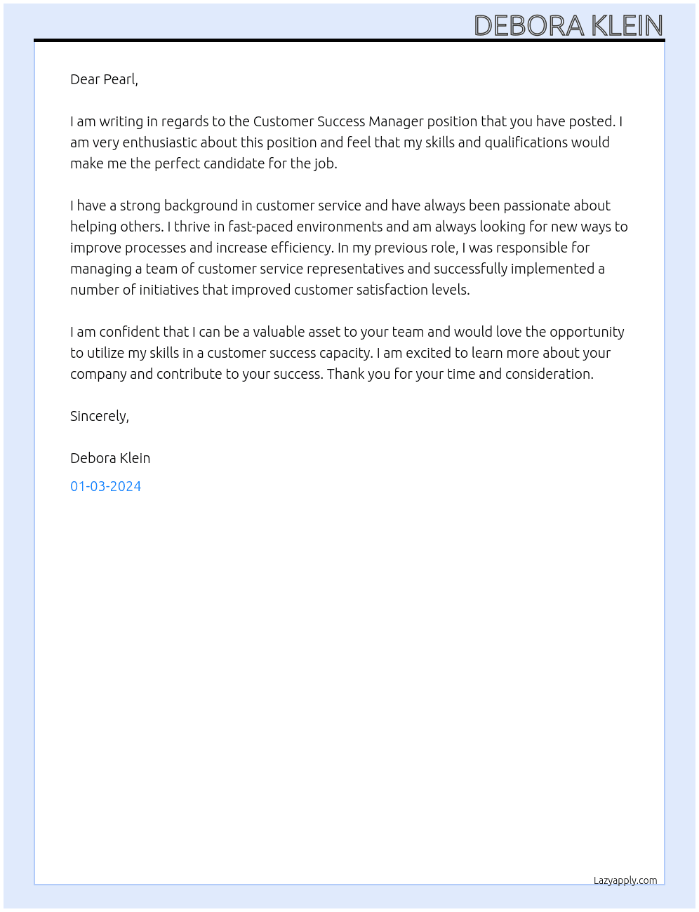 Customer Success Manager At Pearl Cover Letter