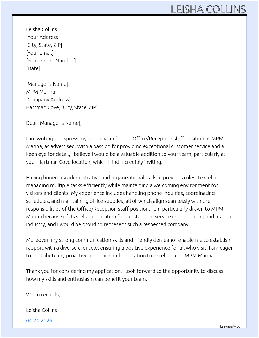 Cover letter for office/reception staff - LazyApply