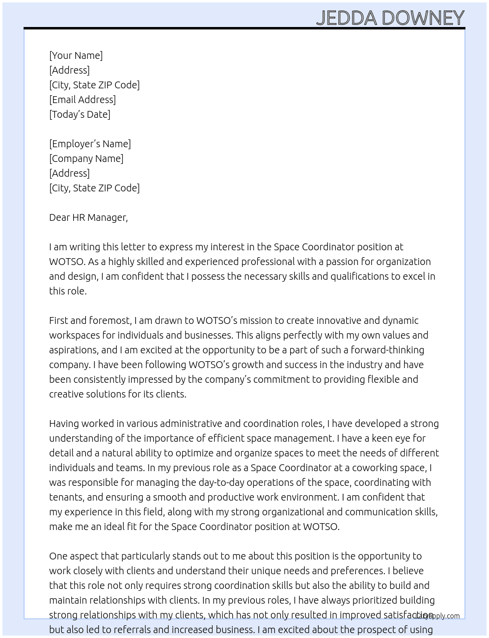 Space Coordinator At WOTSO Cover Letter