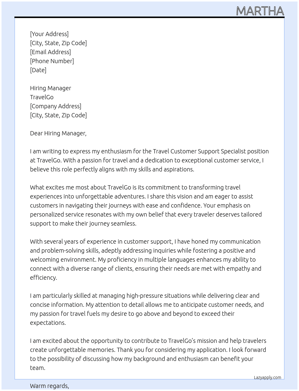 Travel customer support specialist At TravelGo Cover Letter