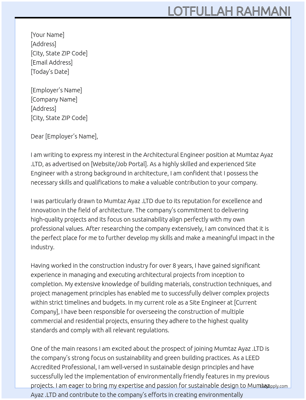 Architectural engineer At Mumtaz ayaz .LTD Cover Letter