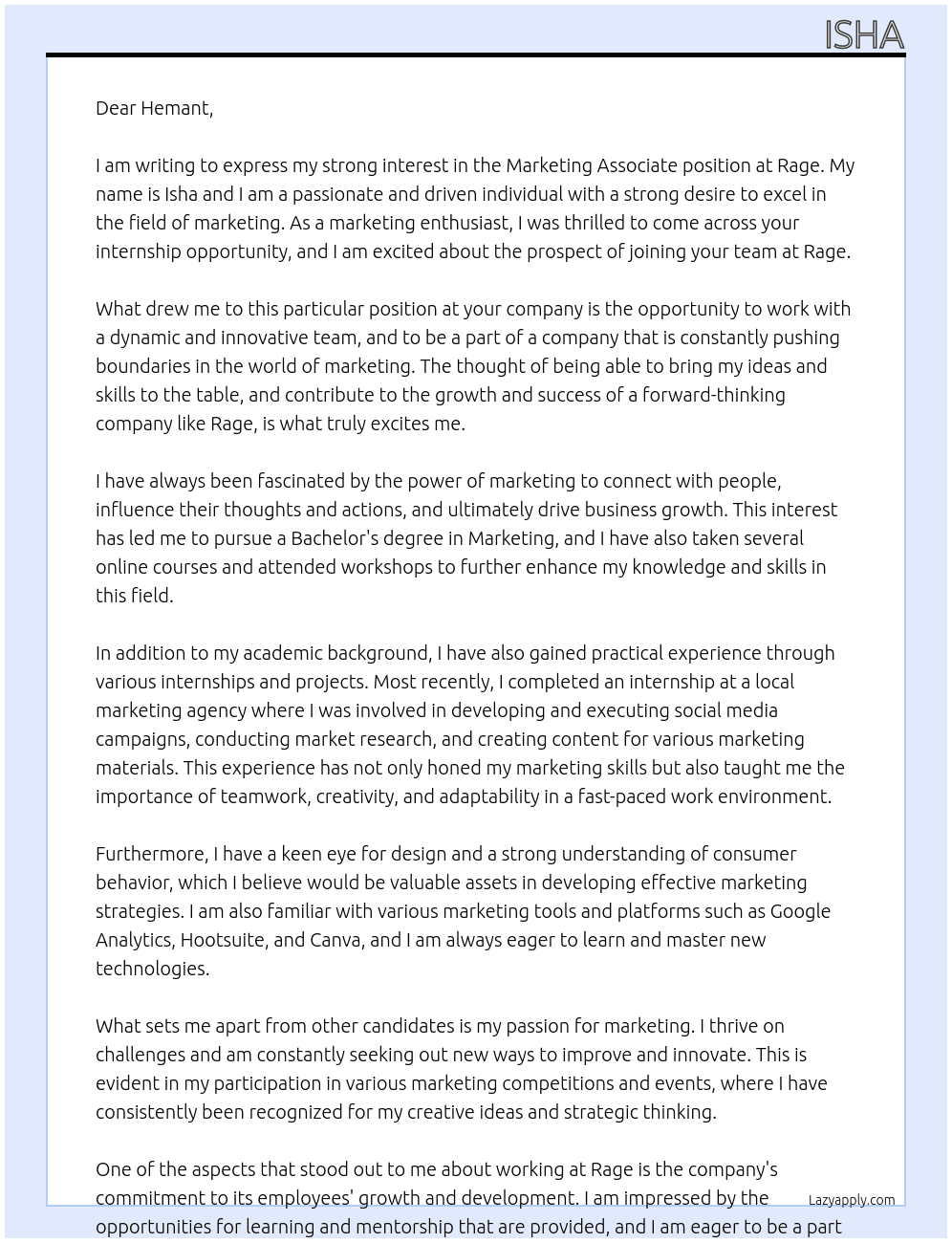 Marketing Associate At Rage Cover Letter