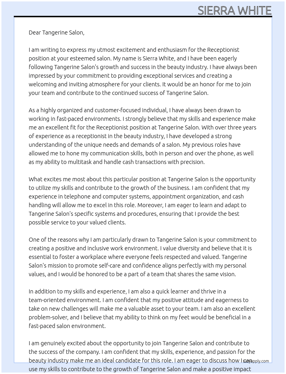 Receptionist At Tangerine Salon Cover Letter
