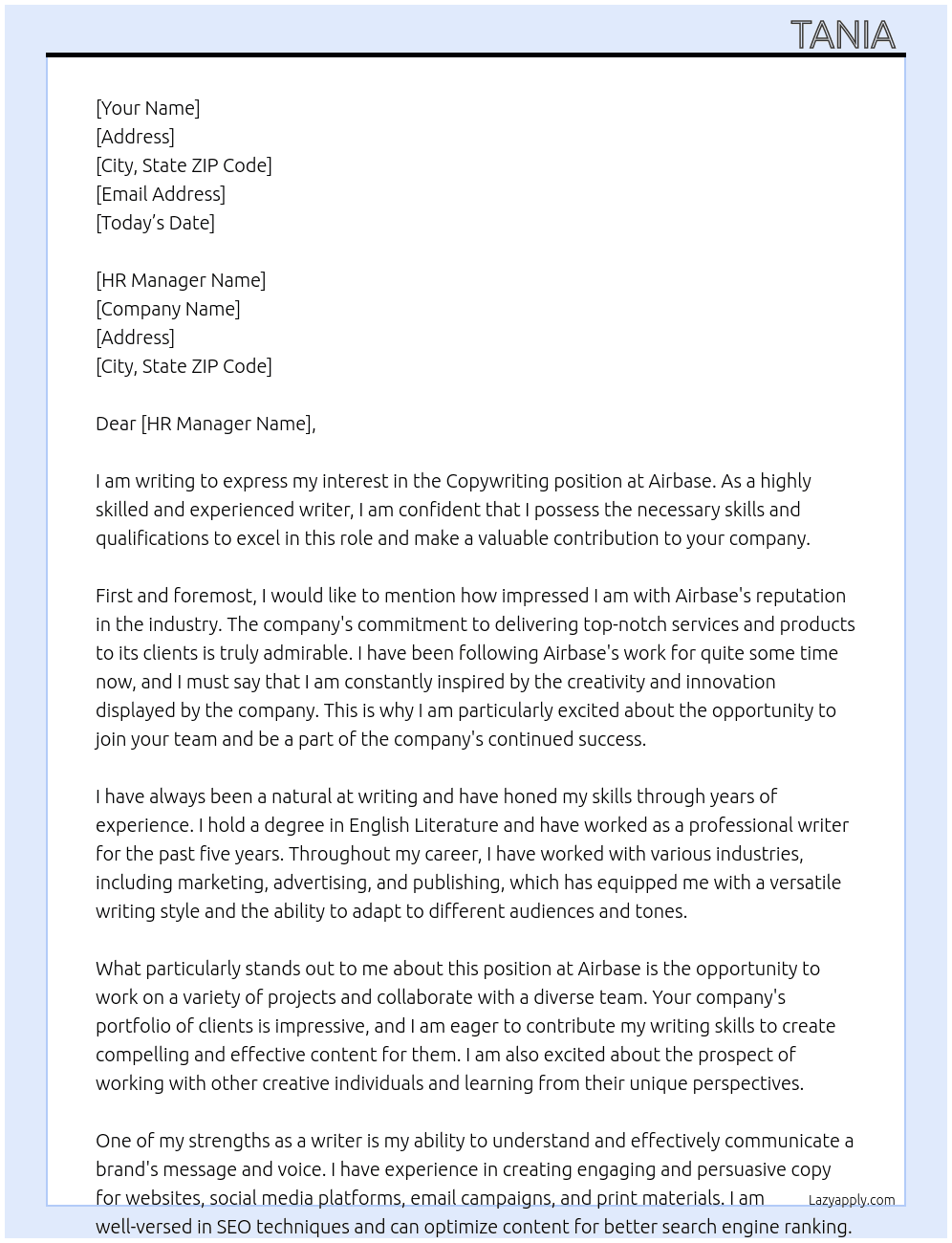 Copywriting  At Airbase Cover Letter