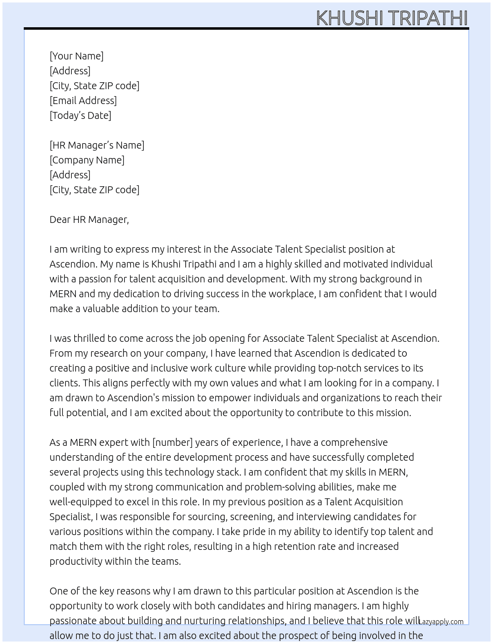 Associate Talent Specialist At Ascendion Cover Letter
