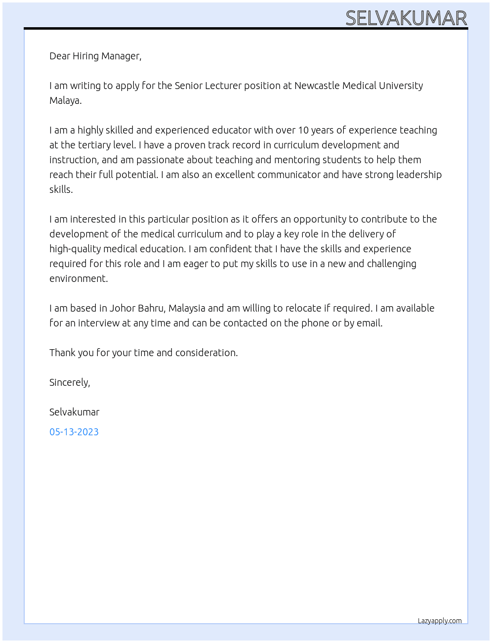 Senior lecturer At Newcastle Medical University Malaya Cover Letter