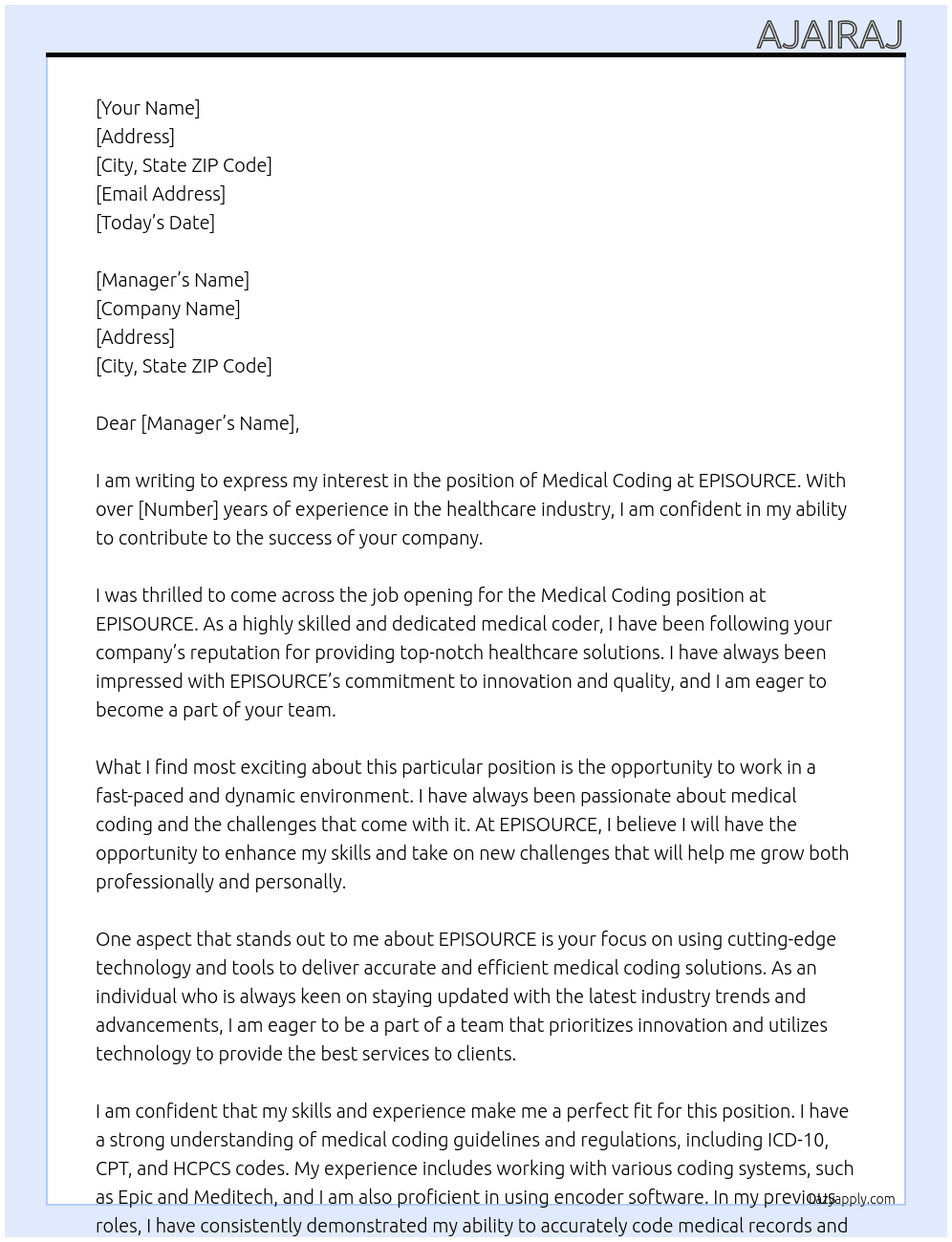Medical coding At EPISOURCE Cover Letter