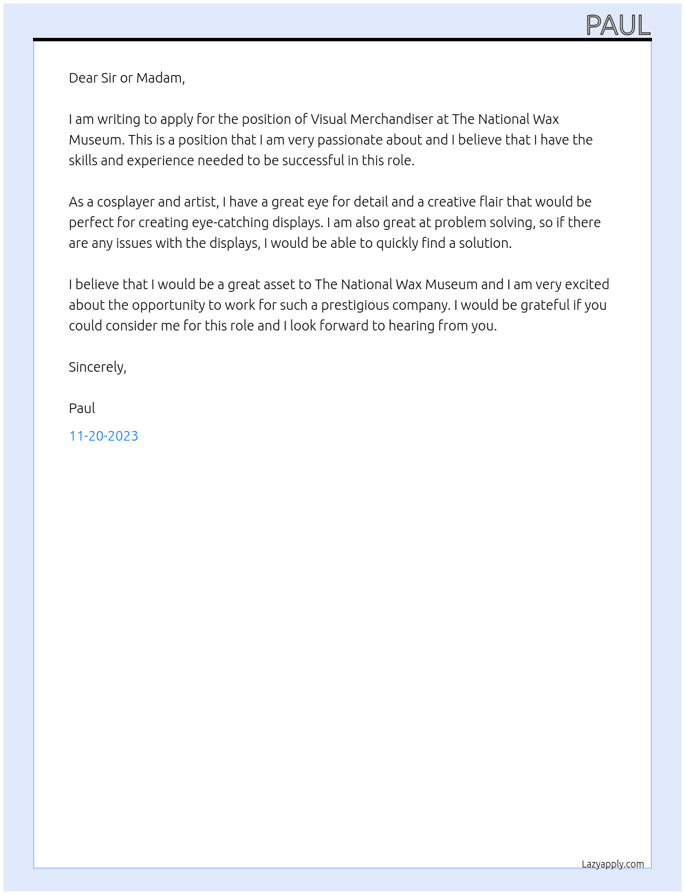 Visual Merchandiser At The National Wax Museum Cover Letter