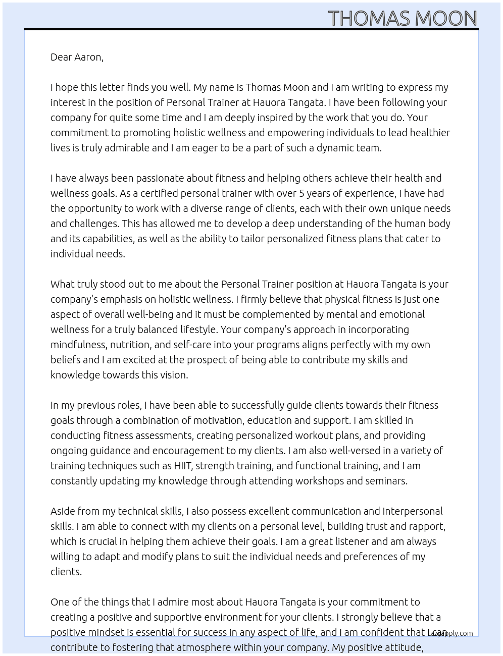 Personal Trainer At Hauora Tangata Cover Letter