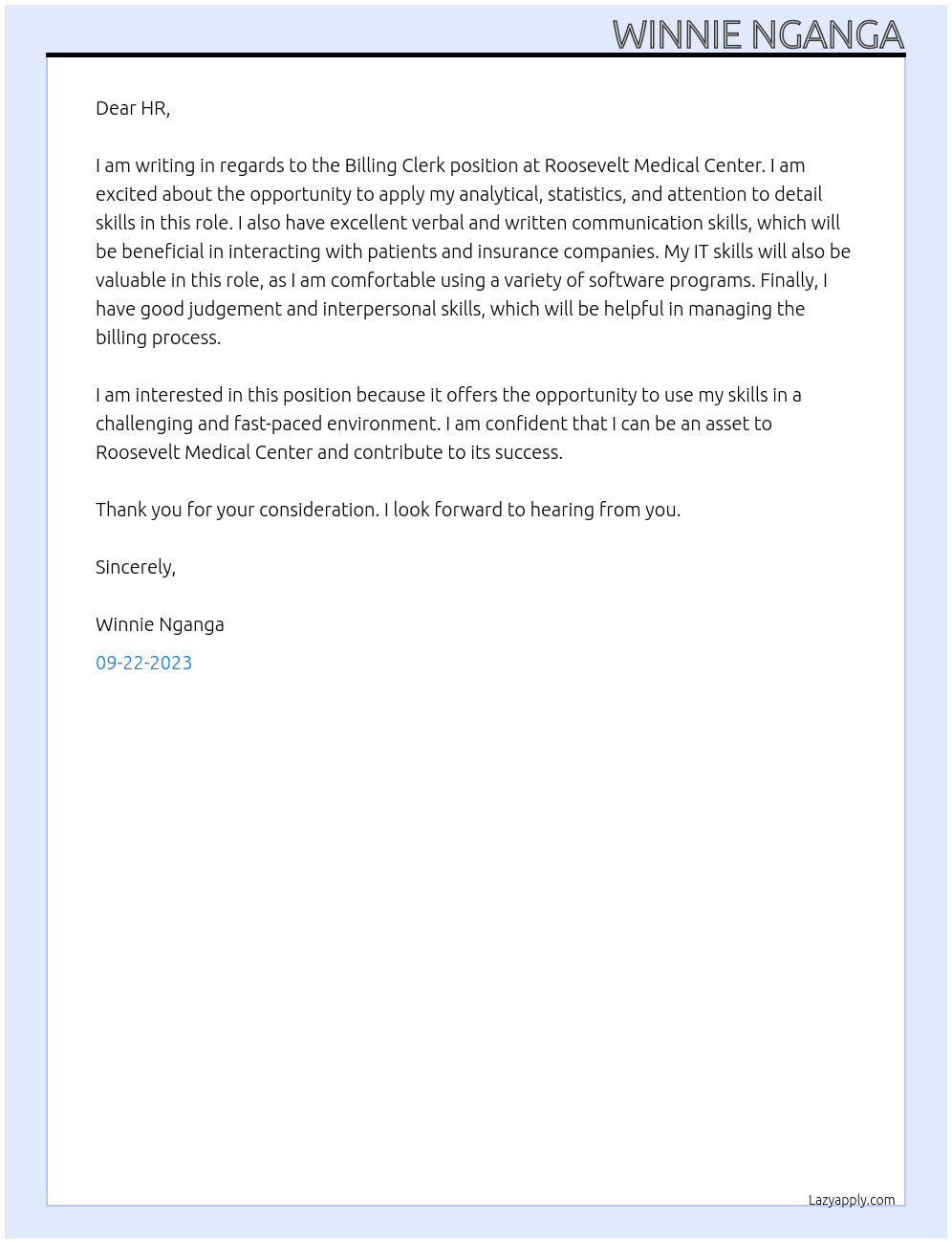 BILLING CLERK At Roosevelt Medical Center Cover Letter