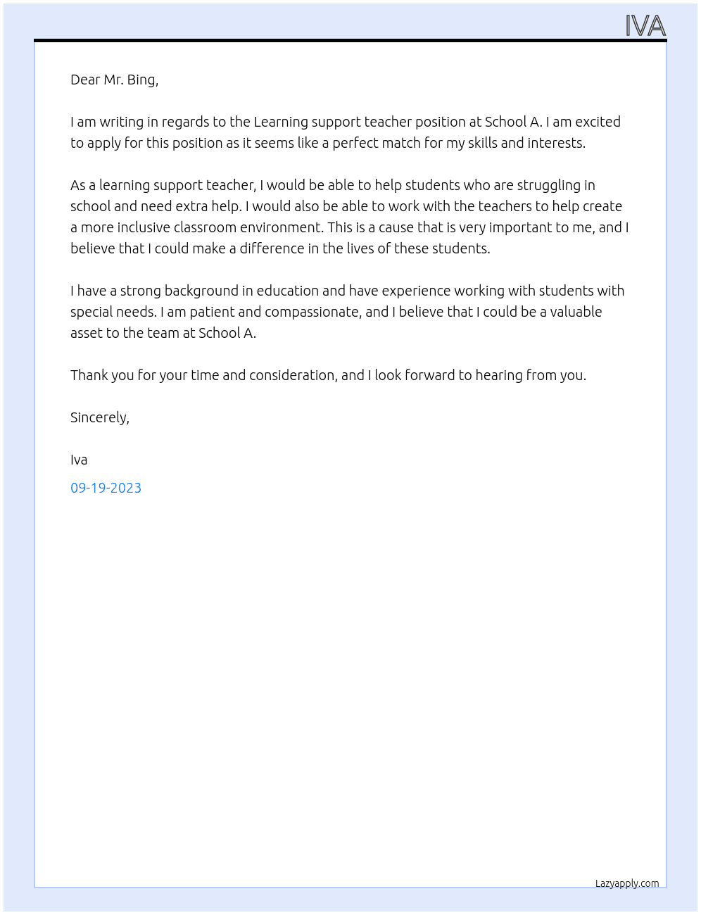 Learning support teacher At School A Cover Letter