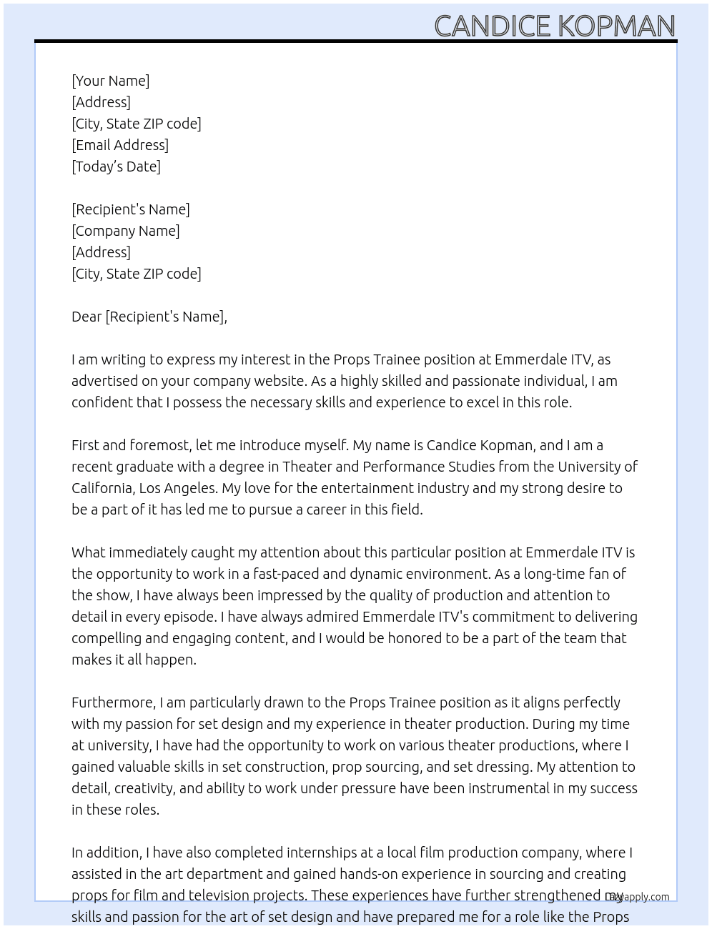 Props trainee At Emmerdale ITV Cover Letter
