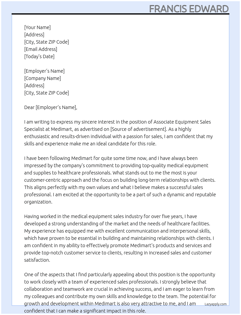 Associate Equipment Sales Specialist At Medimart Cover Letter