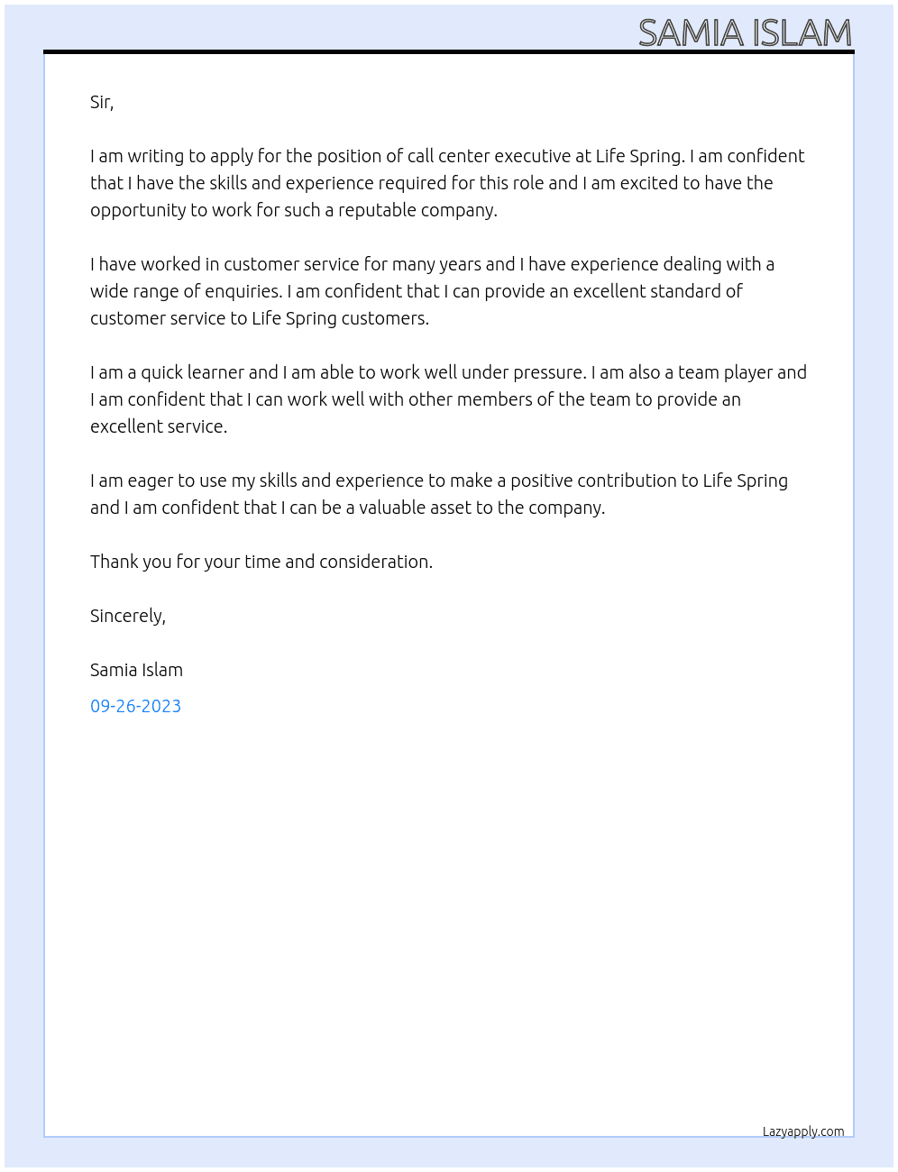 call center executive At life spring Cover Letter