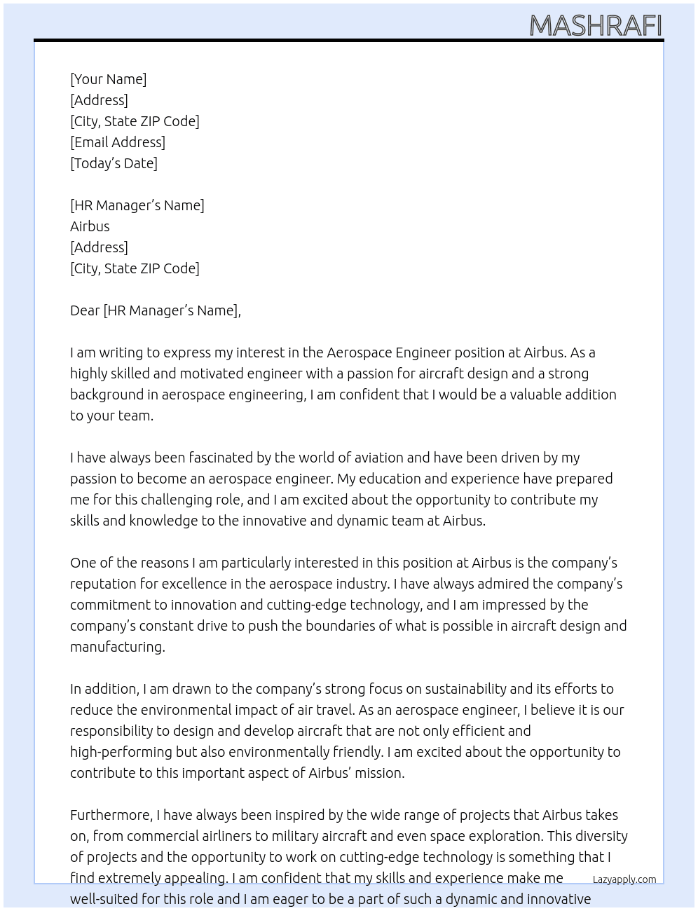 Aerospace Engineer At Airbus Cover Letter