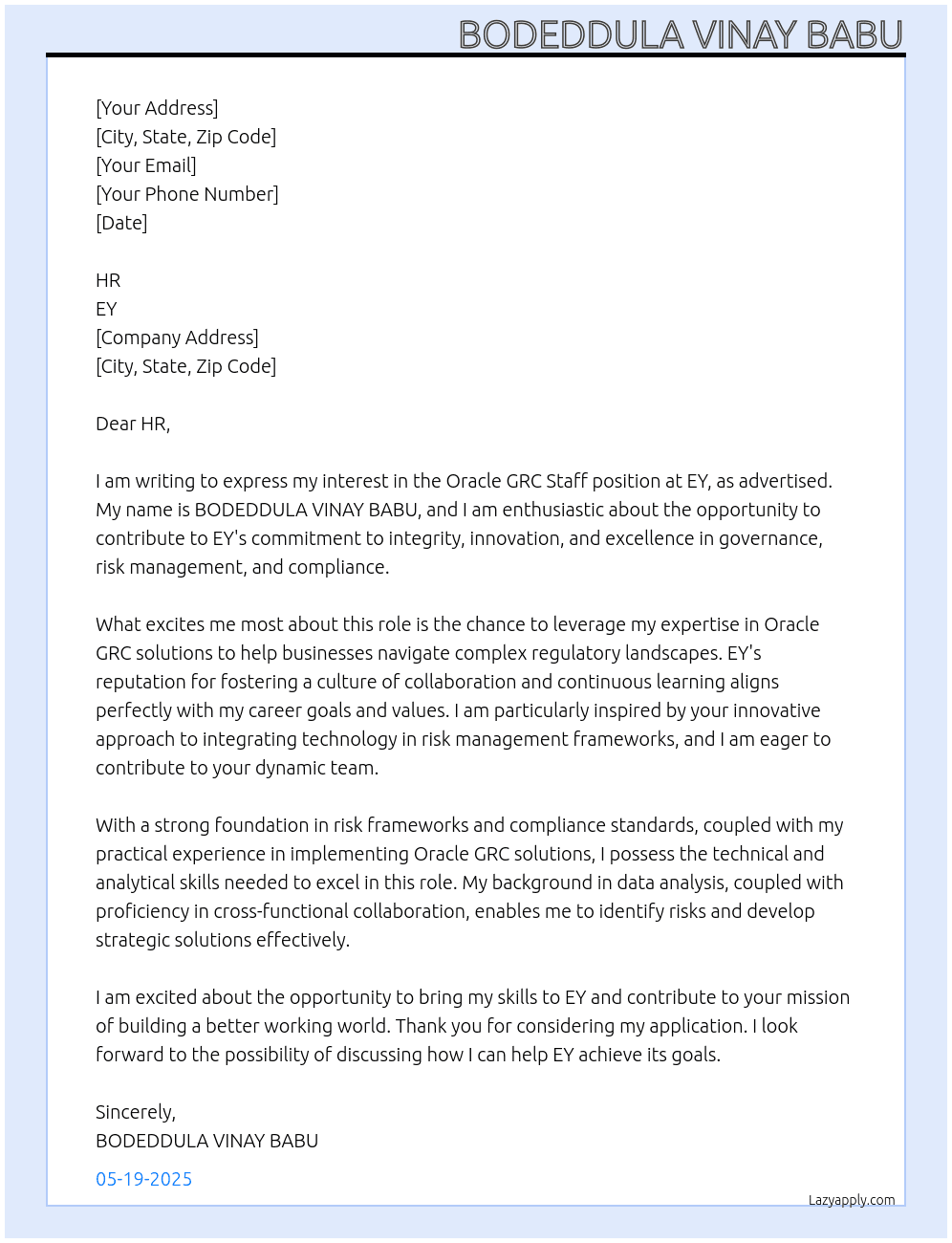 Cover letter for oracle grc staff - LazyApply