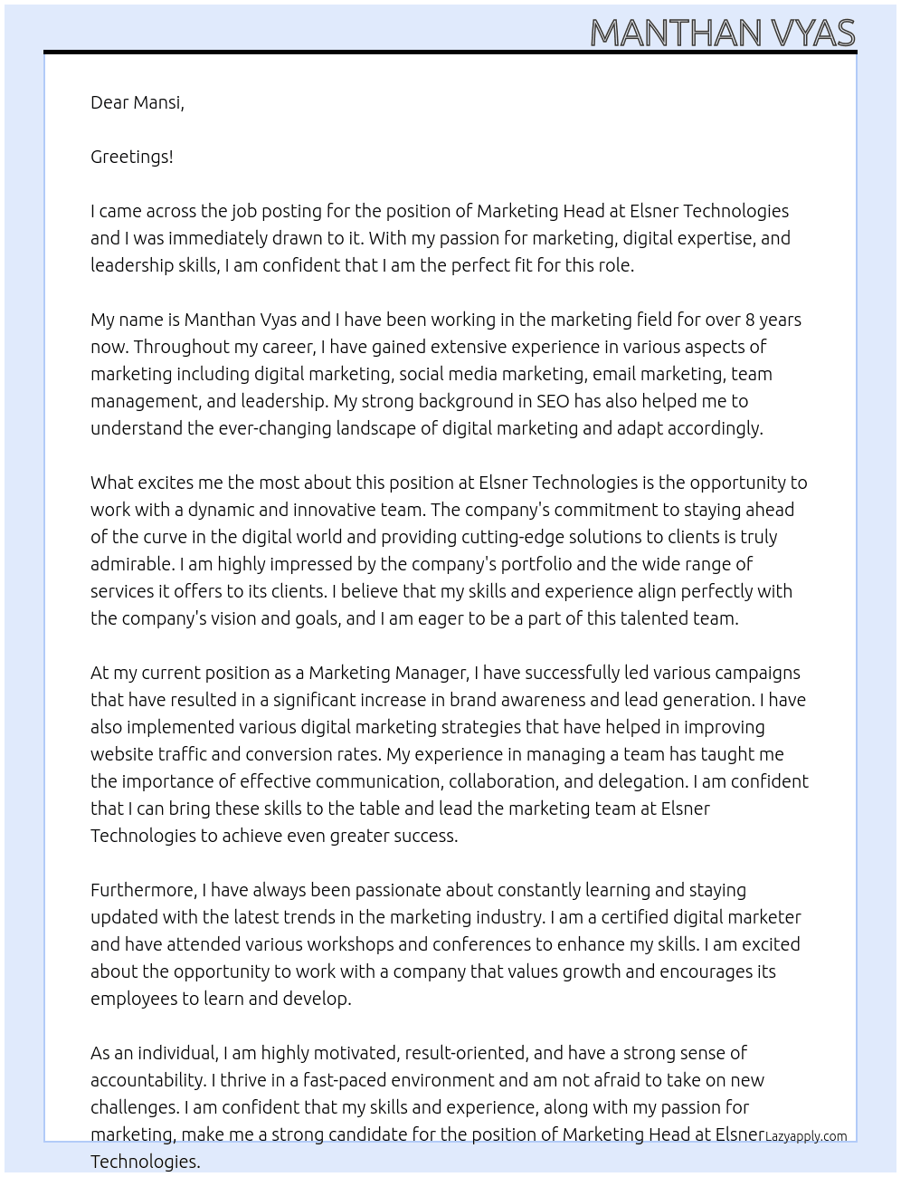 Marketing Head At Elsner Technologies Cover Letter