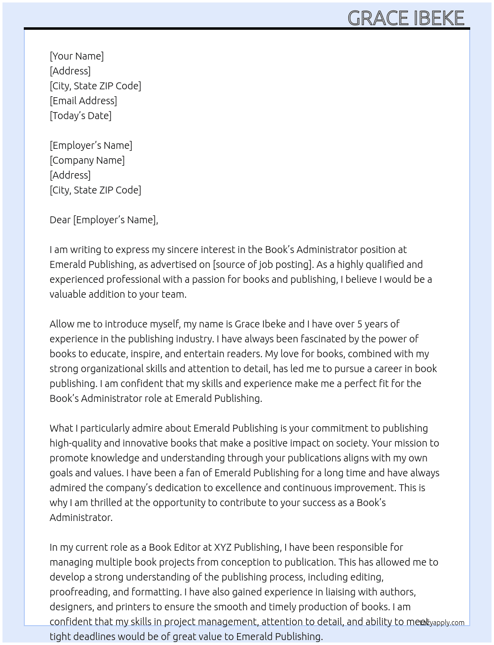 Book’s administrator  At Emerald Publishing  Cover Letter